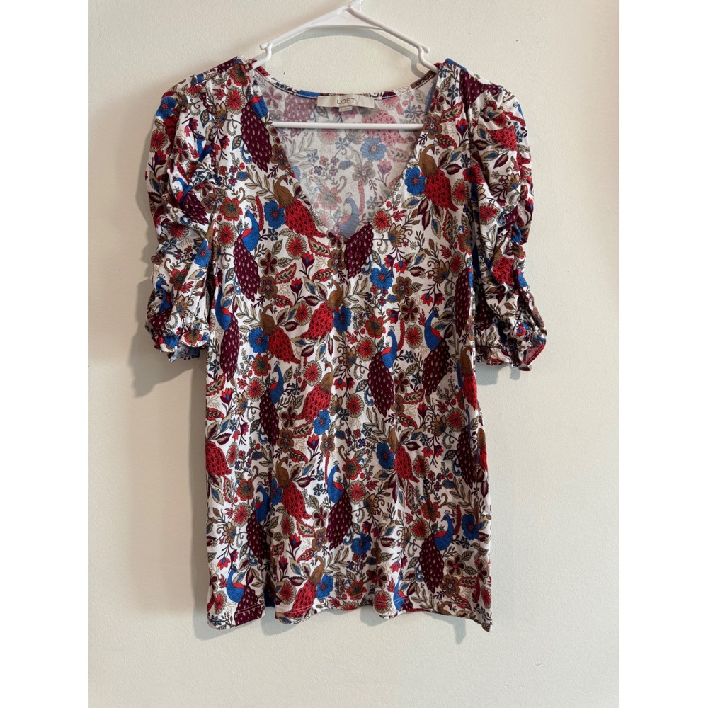 Peacock Floral Loft V-Neck Top Womens Size S Multicolor Ruched Puff Sleeve